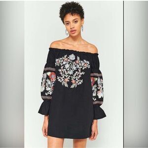 Free people floral embroidered black dress off-the-shoulder Colorful Size Medium